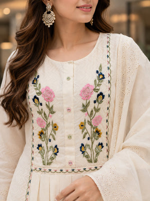 Zoya Off White Floral Embroidered Cotton Dobby Kurta Set with Dupatta