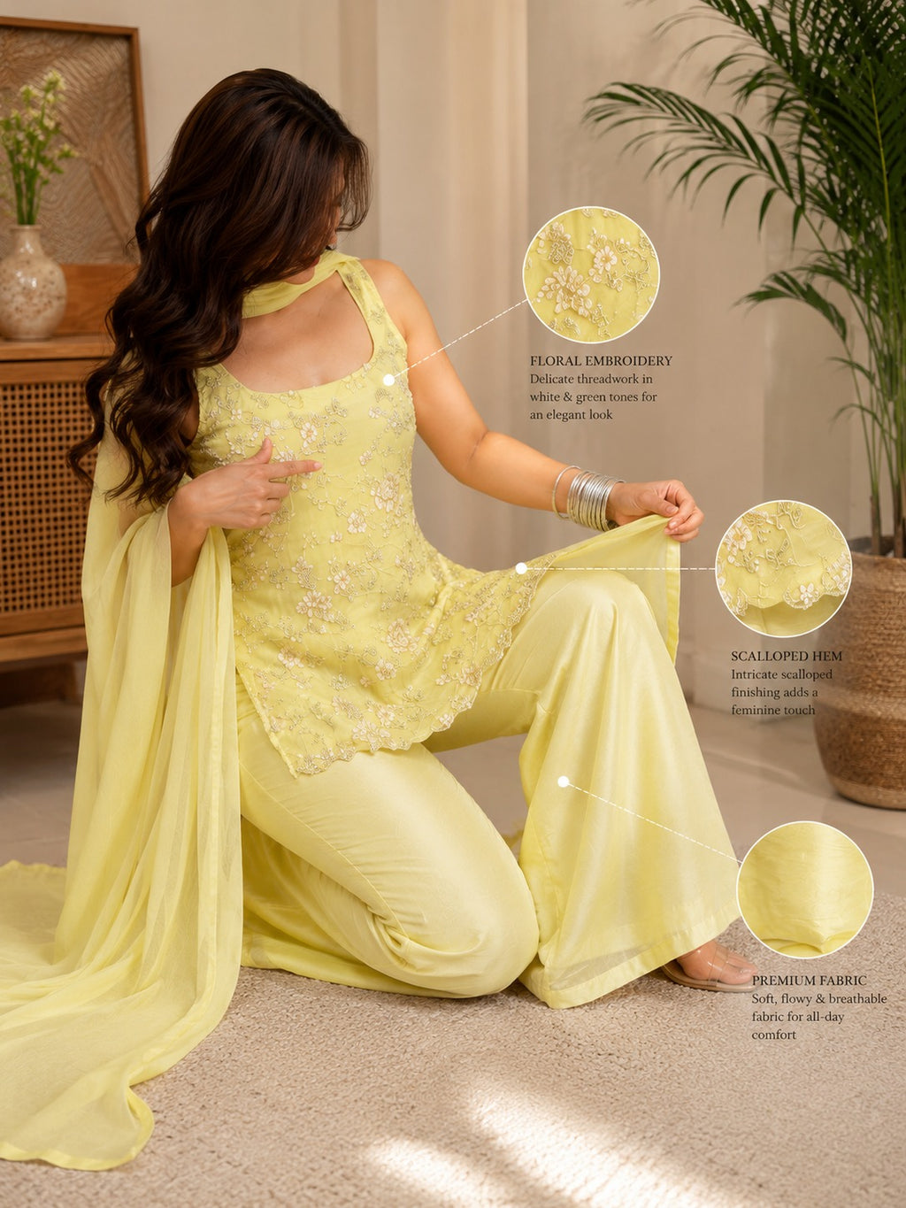 Luna Butter Yellow Floral Embroidered Palazzo Suit Set