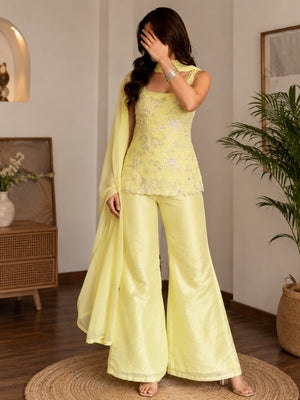 Luna Butter Yellow Floral Embroidered Palazzo Suit Set