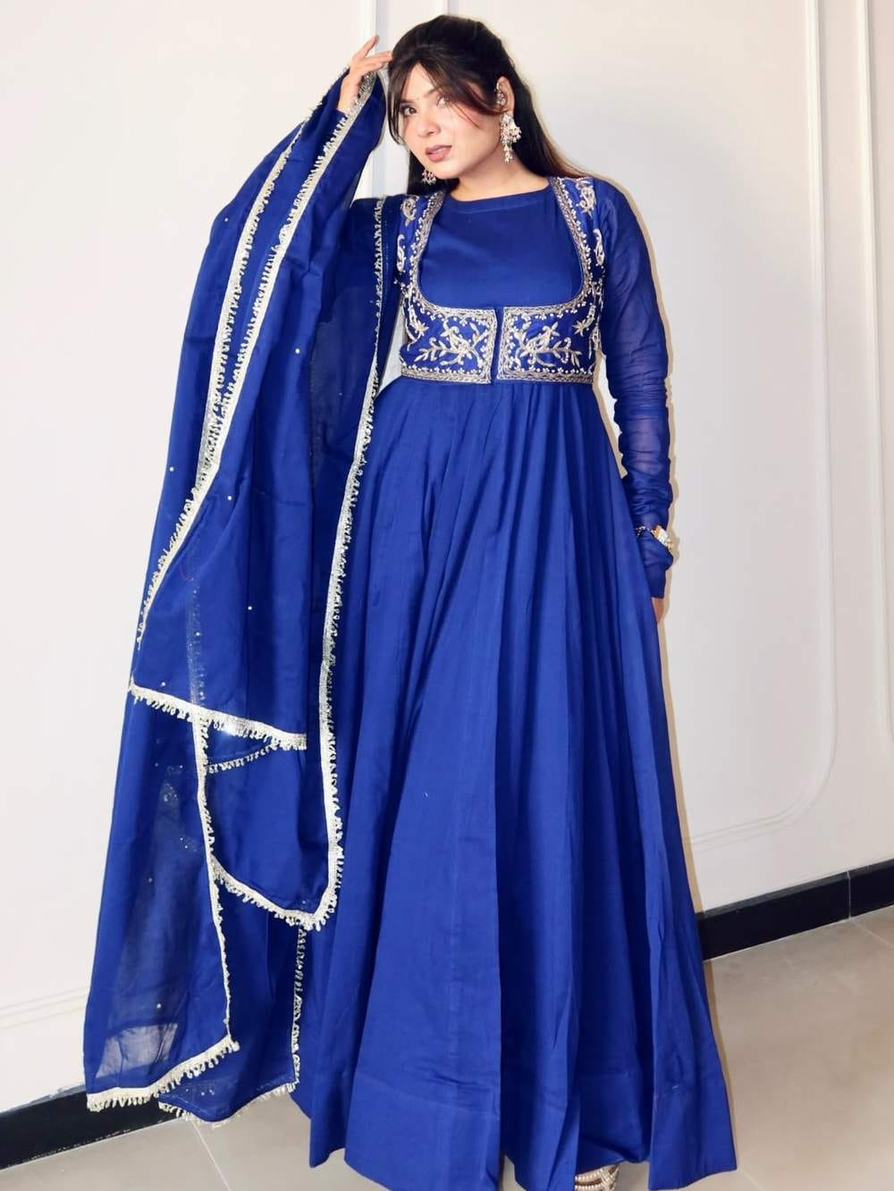 Blueberry Romansilk Chanderi Gown Set