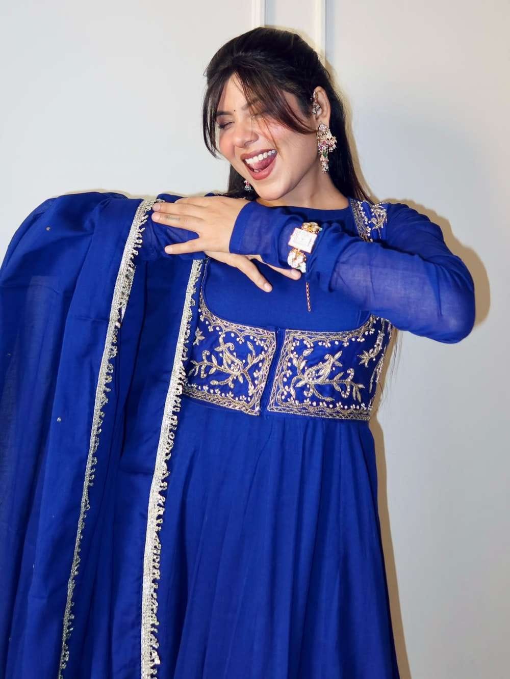 Blueberry Romansilk Chanderi Gown Set