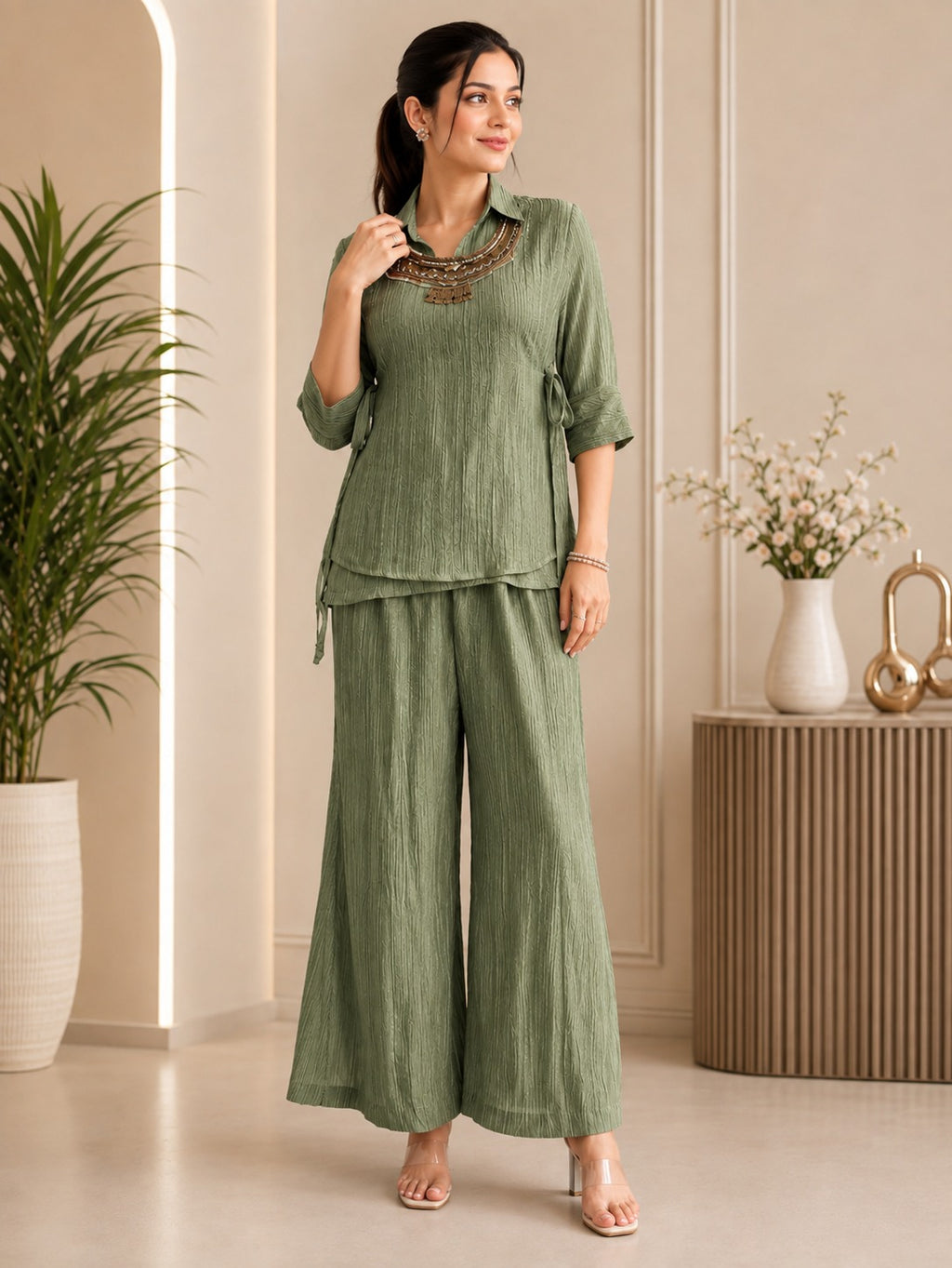 Sage Green Salsa Crushed Hand Work 3-Piece Co-Ord Set