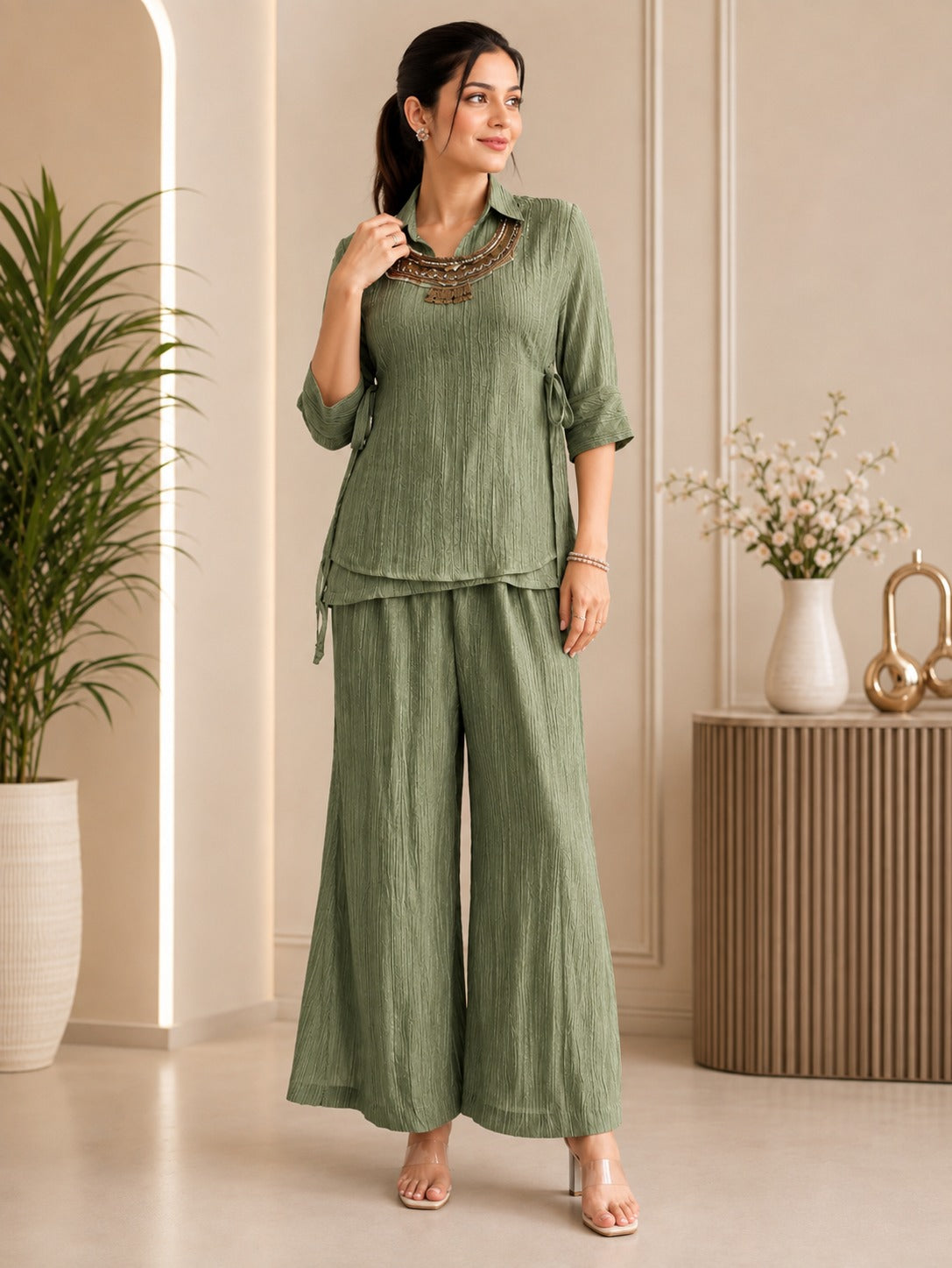 Sage Green Salsa Crushed Hand Work 3-Piece Co-Ord Set