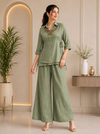 Sage Green Salsa Crushed Hand Work 3-Piece Co-Ord Set