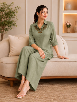 Sage Green Salsa Crushed Hand Work 3-Piece Co-Ord Set