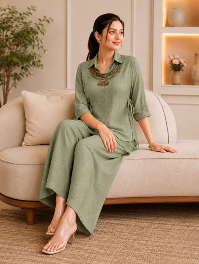 Sage Green Salsa Crushed Hand Work 3-Piece Co-Ord Set