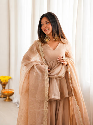Peach Mukaish Work Tabby Organza Sharara Set
