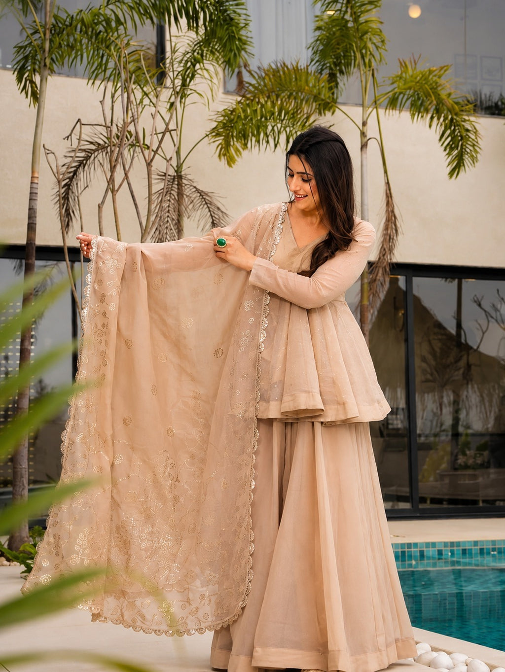 Peach Mukaish Work Tabby Organza Sharara Set