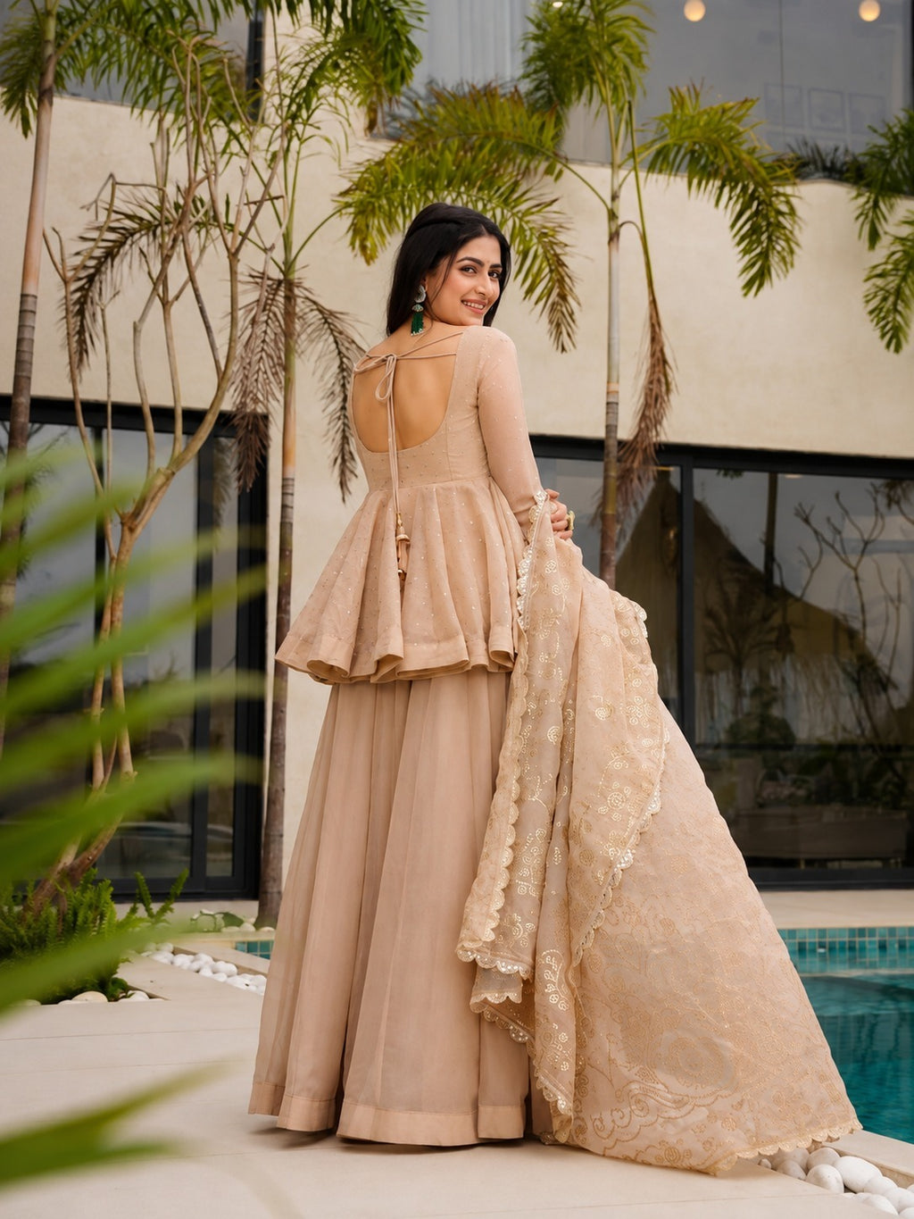 Peach Mukaish Work Tabby Organza Sharara Set