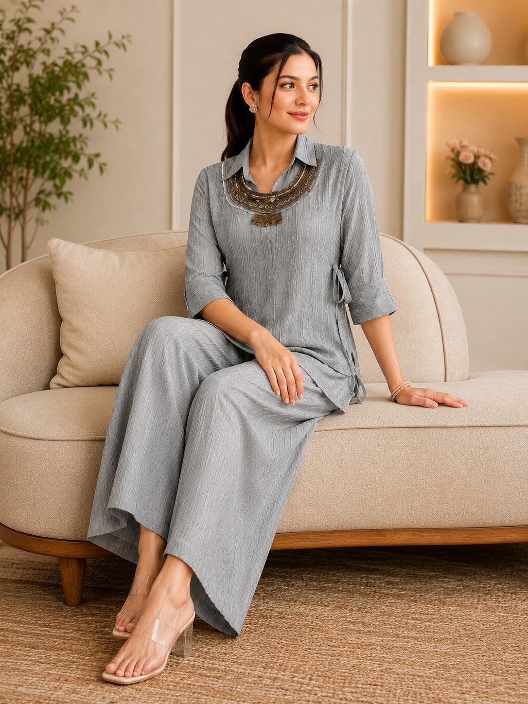 Grey Salsa Crushed Hand Work 3-Piece Co-Ord Set