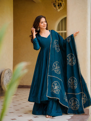 Ziva Anarkali Suit Set with Embroidered Dupatta & Palazzo