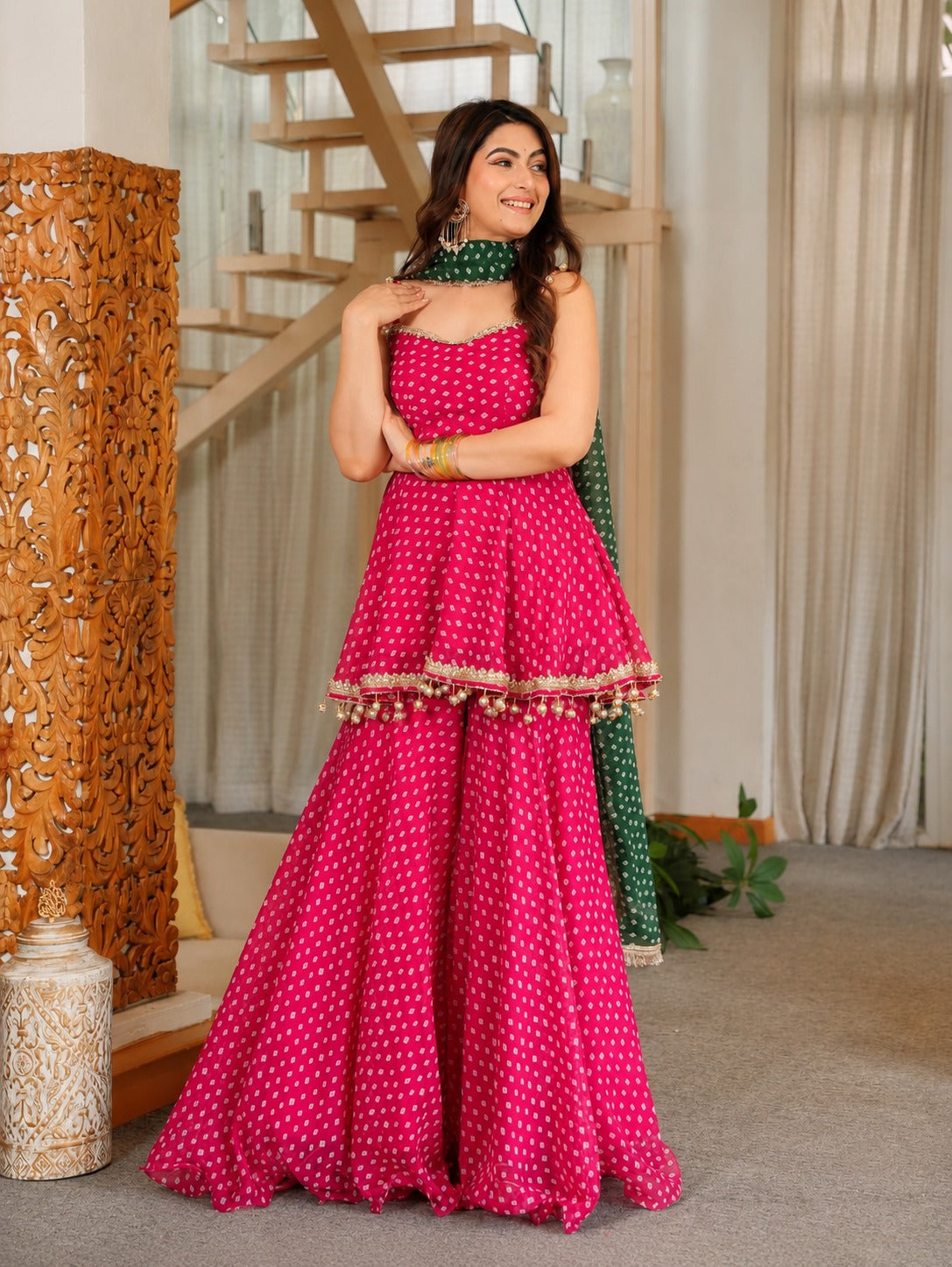 Riva Pink Bandhani Gota Patti Sharara Suit Set with Embroidered Dupatta
