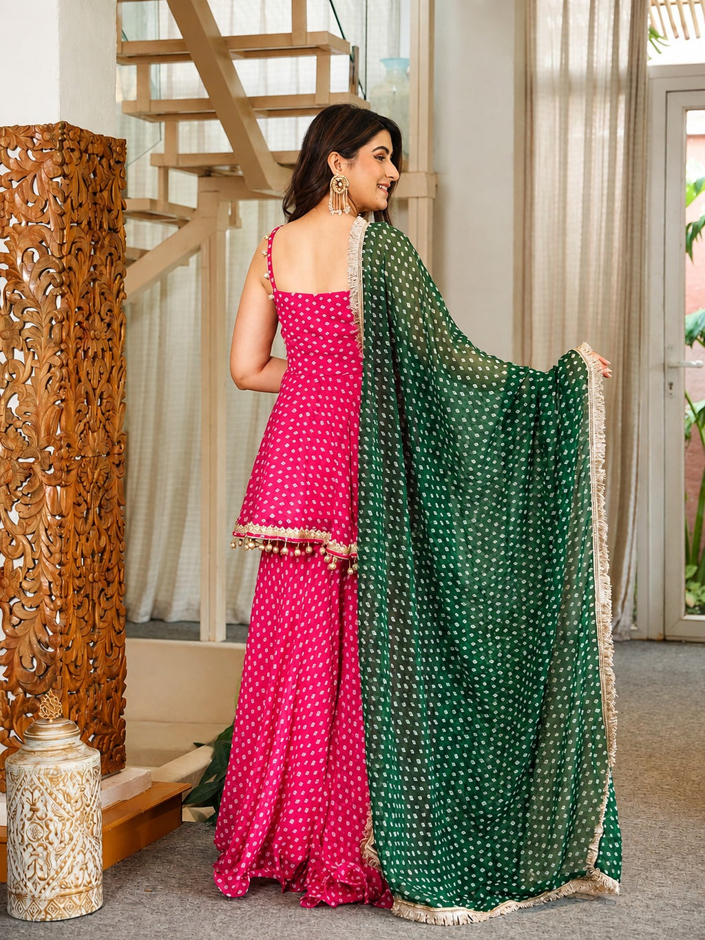 Riva Pink Bandhani Gota Patti Sharara Suit Set with Embroidered Dupatta