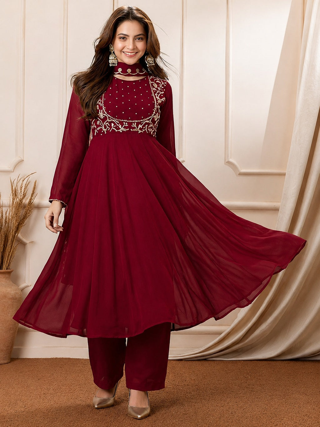 Ruhi red Embroidered Georgette Anarkali Suit Set with Dupatta