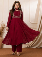 Ruhi red Embroidered Georgette Anarkali Suit Set with Dupatta