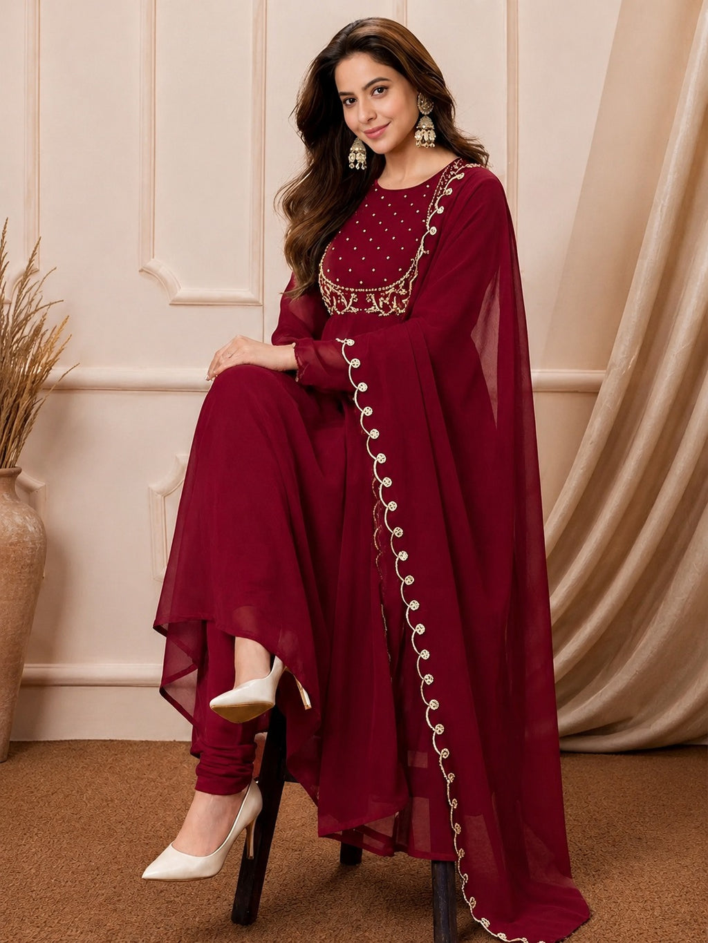 Ruhi red Embroidered Georgette Anarkali Suit Set with Dupatta