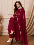 Ruhi red Embroidered Georgette Anarkali Suit Set with Dupatta