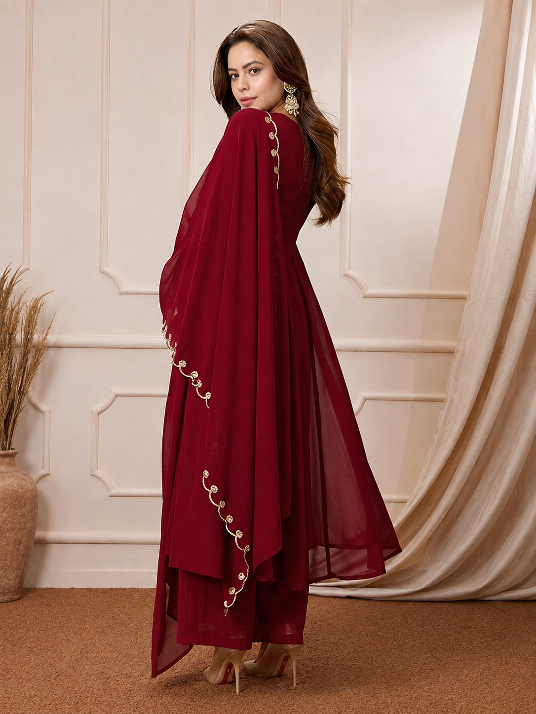 Ruhi red Embroidered Georgette Anarkali Suit Set with Dupatta