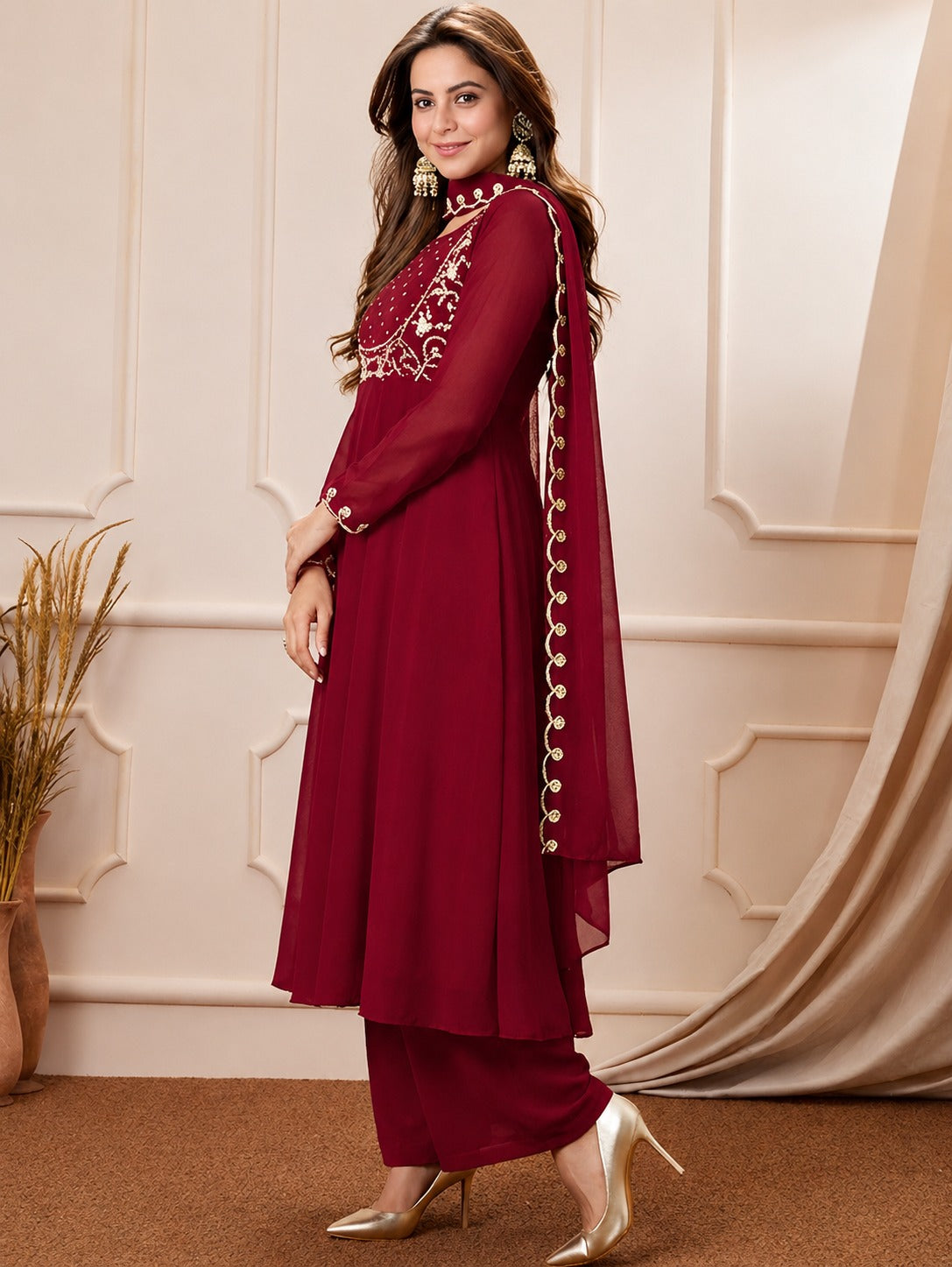 Ruhi red Embroidered Georgette Anarkali Suit Set with Dupatta