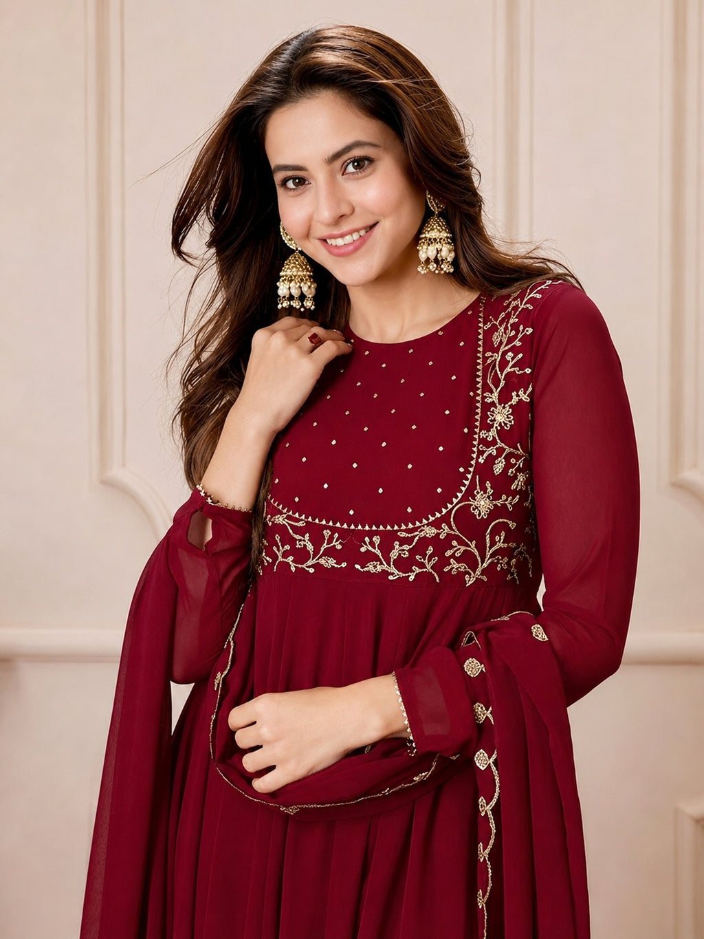 Ruhi red Embroidered Georgette Anarkali Suit Set with Dupatta