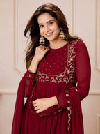 Ruhi red Embroidered Georgette Anarkali Suit Set with Dupatta