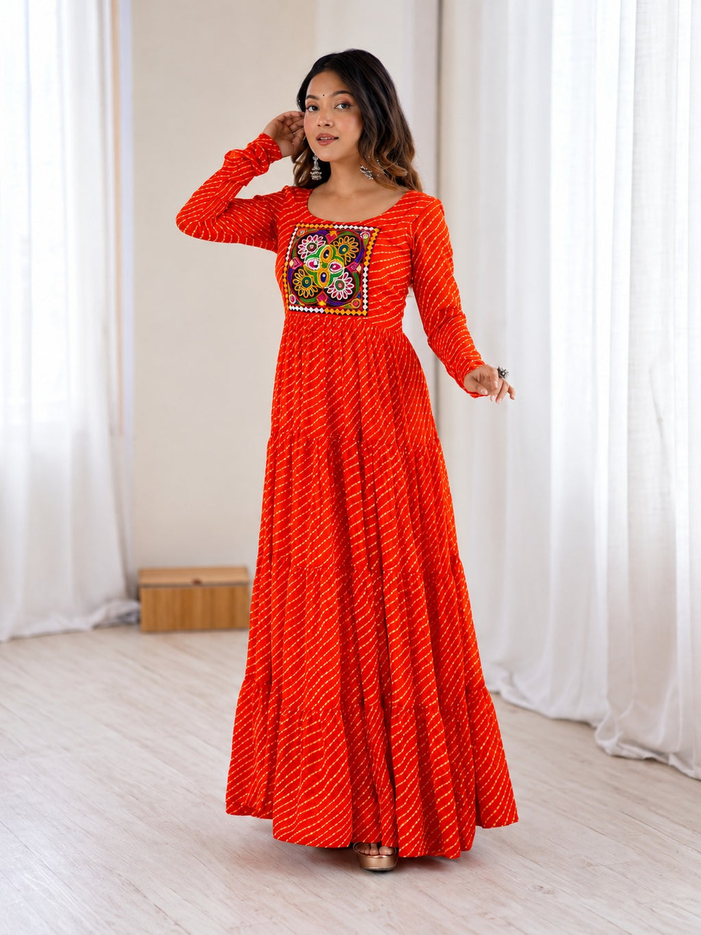 Aaradhya Orange Laheriya Printed Gamthi Work 4-Layer Flared Anarkali Gown