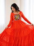 Aaradhya Orange Laheriya Printed Gamthi Work 4-Layer Flared Anarkali Gown
