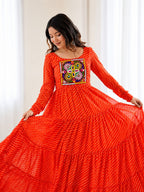 Aaradhya Orange Laheriya Printed Gamthi Work 4-Layer Flared Anarkali Gown