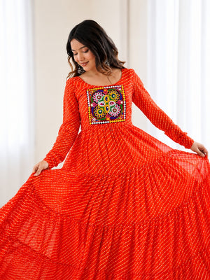 Aaradhya Orange Laheriya Printed Gamthi Work 4-Layer Flared Anarkali Gown