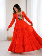Aaradhya Orange Laheriya Printed Gamthi Work 4-Layer Flared Anarkali Gown
