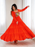 Aaradhya Orange Laheriya Printed Gamthi Work 4-Layer Flared Anarkali Gown