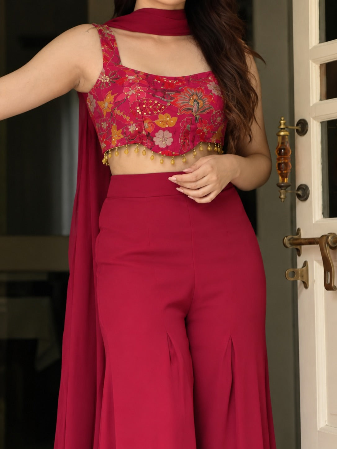 Aadhya Wine Printed Jimmy Organza Crop Top & Georgette Palazzo Co-ord Set