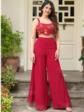 Aadhya Wine Printed Jimmy Organza Crop Top & Georgette Palazzo Co-ord Set