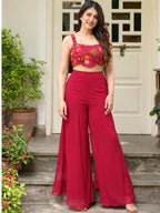 Aadhya Wine Printed Jimmy Organza Crop Top & Georgette Palazzo Co-ord Set