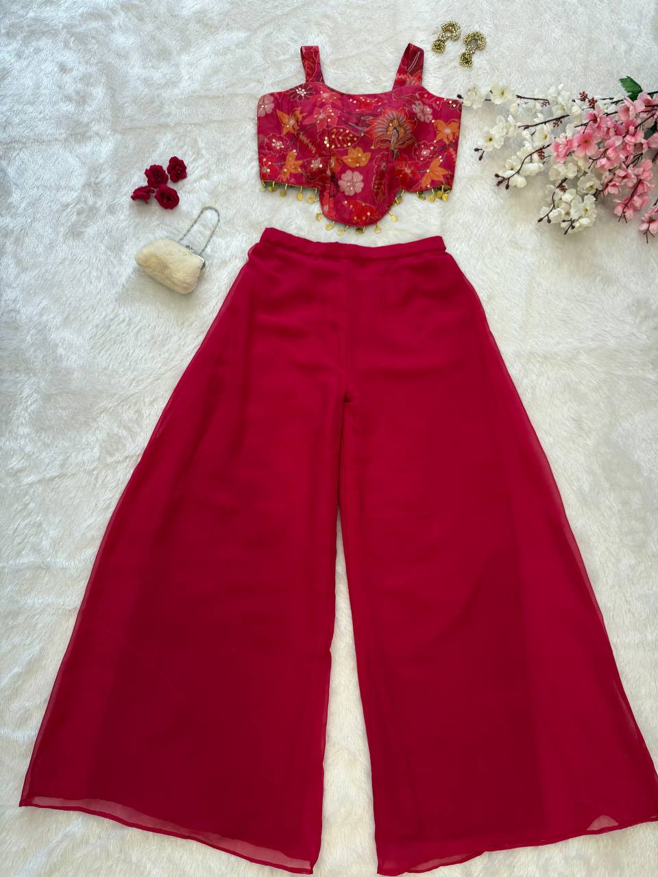 Aadhya Wine Printed Jimmy Organza Crop Top & Georgette Palazzo Co-ord Set