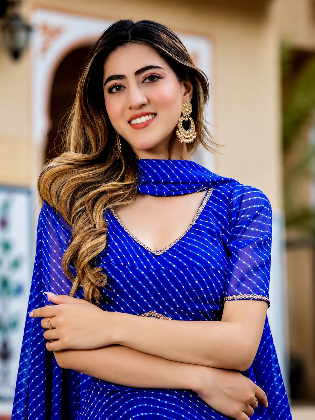 Aaru Royal Blue Striped Georgette Lehenga Choli Set with Golden Lace Border