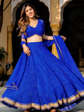 Aaru Royal Blue Striped Georgette Lehenga Choli Set with Golden Lace Border