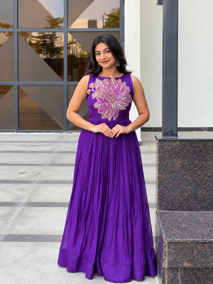 Rina Purple Soft Maslin Designer Floral Beads & Sequin Work Gown