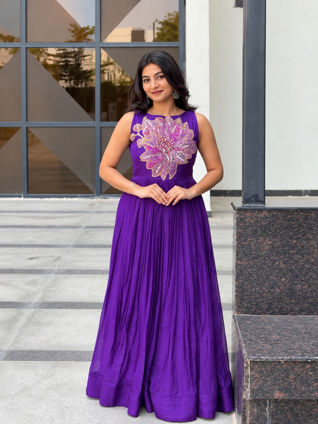 Rina Purple Soft Maslin Designer Floral Beads & Sequin Work Gown