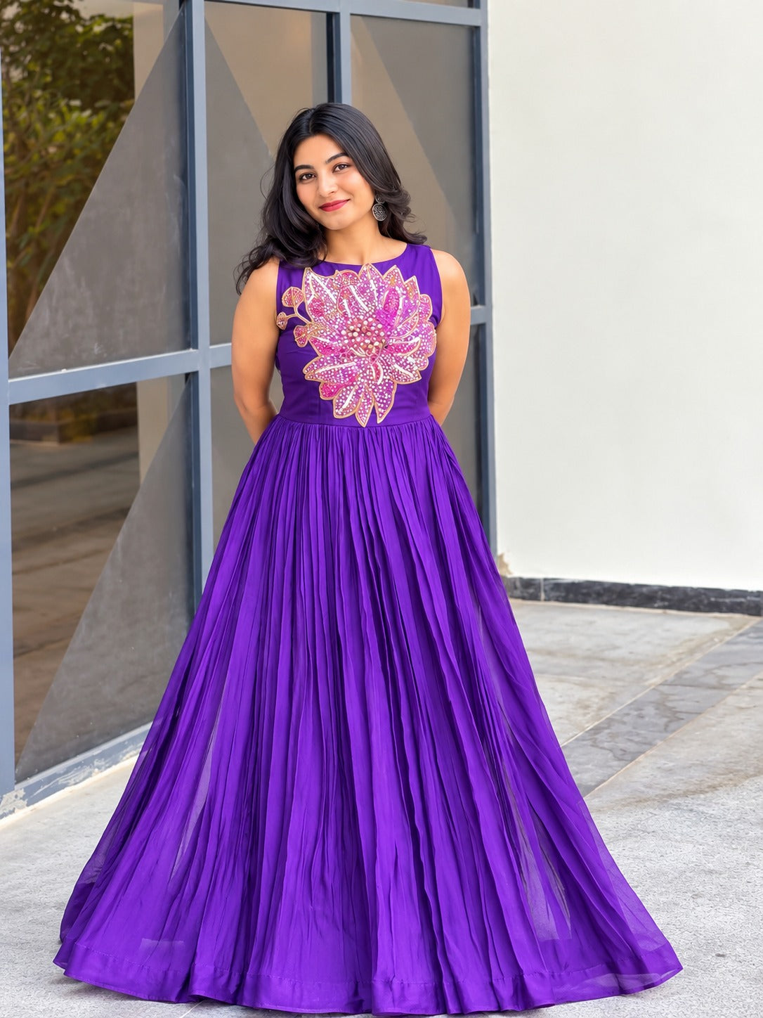 Rina Purple Soft Maslin Designer Floral Beads & Sequin Work Gown