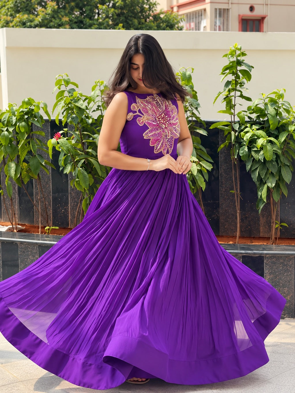 Rina Purple Soft Maslin Designer Floral Beads & Sequin Work Gown