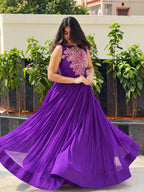 Rina Purple Soft Maslin Designer Floral Beads & Sequin Work Gown