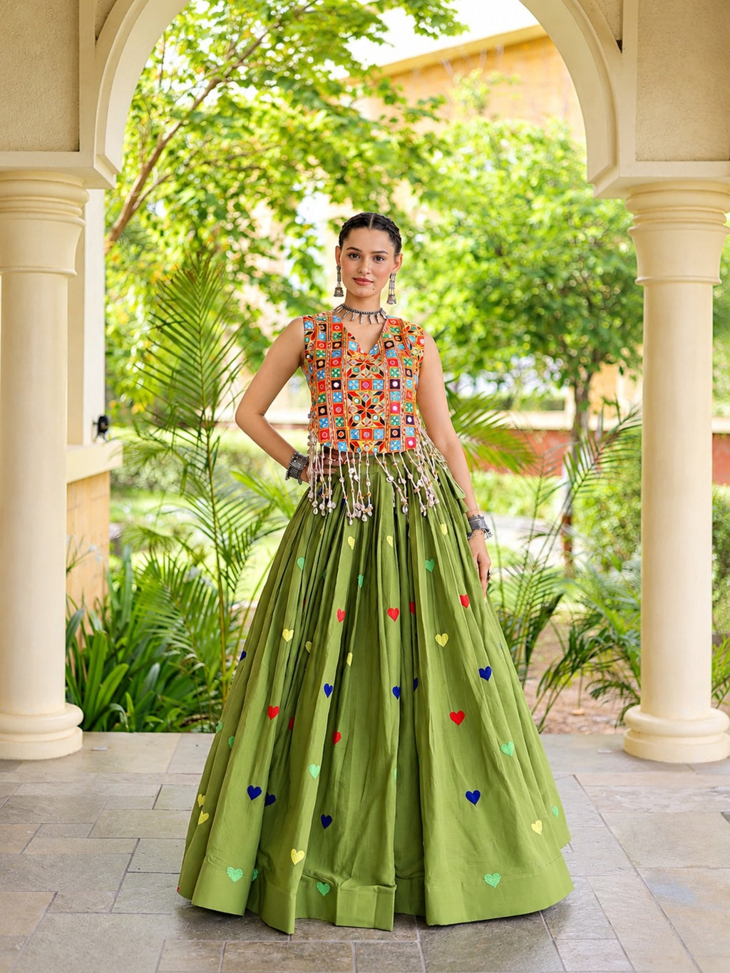 Aarohi Olive Green Gamthi Mirror Work Cotton Lehenga Set