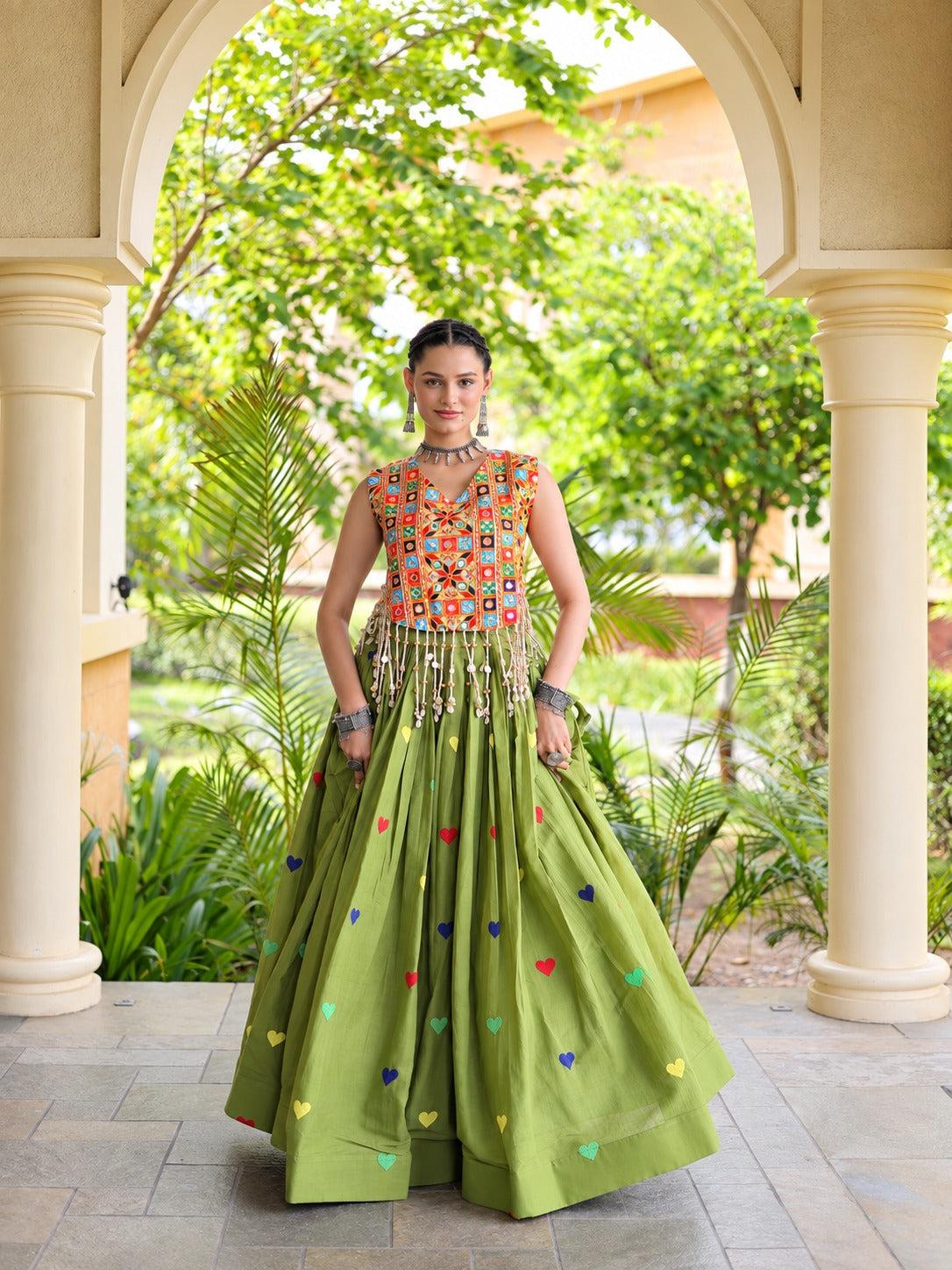 Aarohi Olive Green Gamthi Mirror Work Cotton Lehenga Set