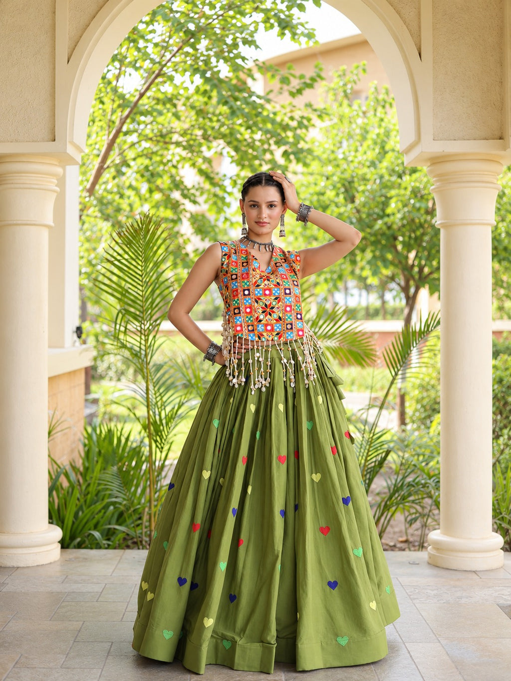 Aarohi Olive Green Gamthi Mirror Work Cotton Lehenga Set