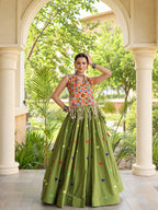 Aarohi Olive Green Gamthi Mirror Work Cotton Lehenga Set