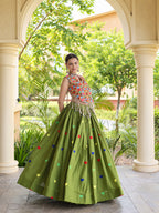 Aarohi Olive Green Gamthi Mirror Work Cotton Lehenga Set