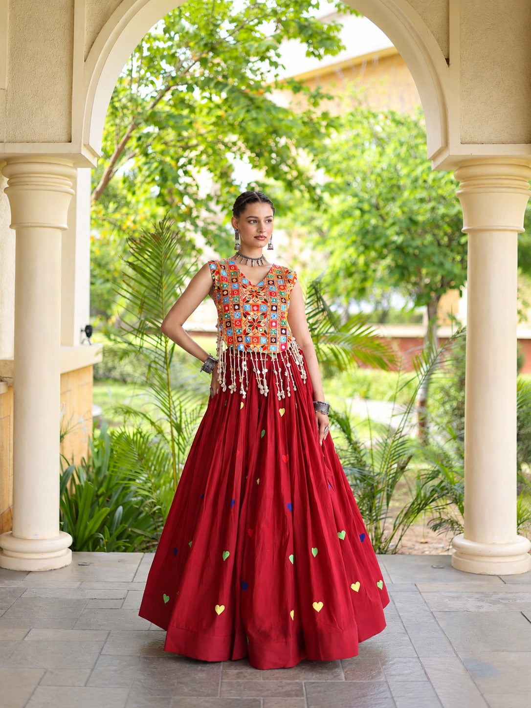Aarohi Olive Red Gamthi Mirror Work Cotton Lehenga Set