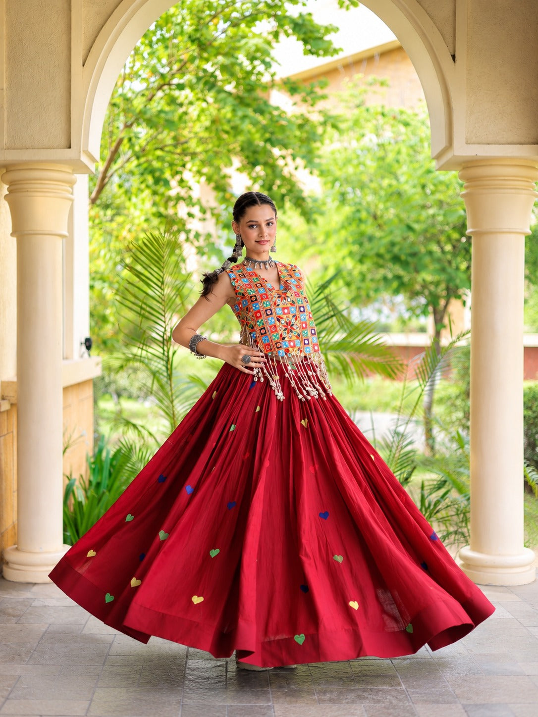 Aarohi Olive Red Gamthi Mirror Work Cotton Lehenga Set