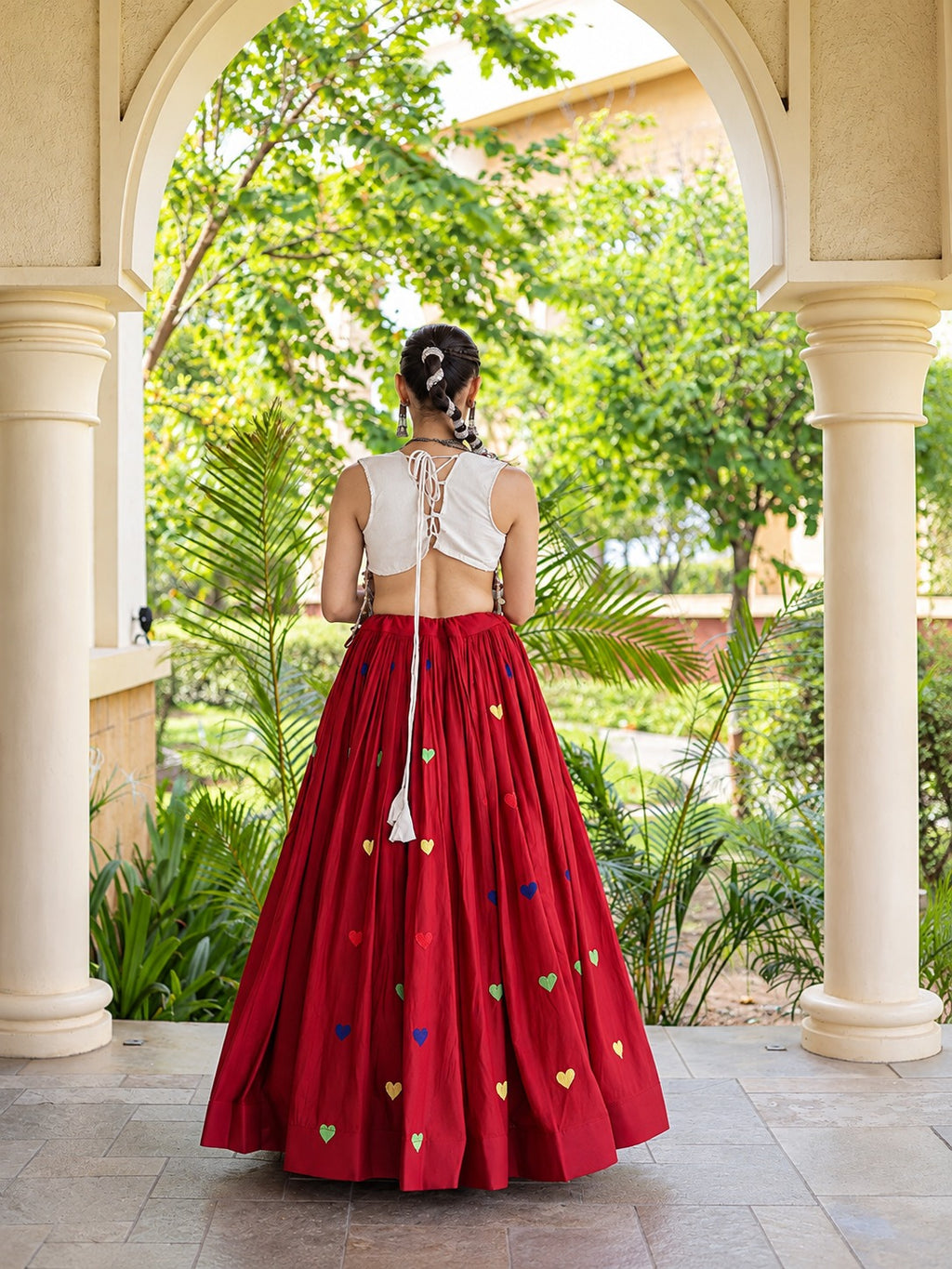 Aarohi Olive Red Gamthi Mirror Work Cotton Lehenga Set